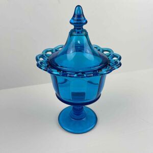 Imperial Glass Blue Lace Edged‎ Footed Candy Dish Vintage Lidded 6” Diameter